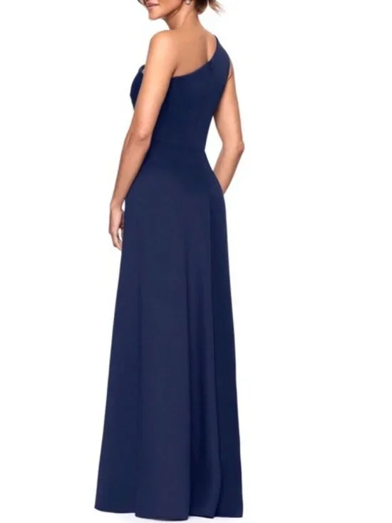 Xscape Midnight Blue One-Shoulder Scuba Crepe Evening Gown - Picture 2 of 3